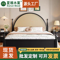 French retro rattan solid wood bed 1 5 master bedroom double bed 1 8 meters black Jingjifeng famous bed one piece drop shipping