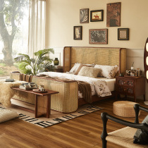 Nordic retro rattan bed B&B hotel solid wood bed 1 51 8 meters home double bed antique style rattan furniture