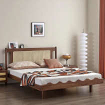 Nordic black walnut rattan bed solid wood bed modern simple 1 8 meter retro master bedroom new Chinese double bed