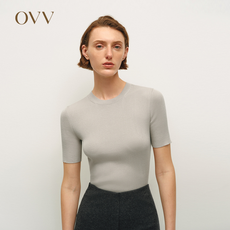 [Heavyweight Silk] Ovv Autumn/Winter Women's Classic Basic Round Neck Short Sleeve Knit Sweater Gnzbj34106A
