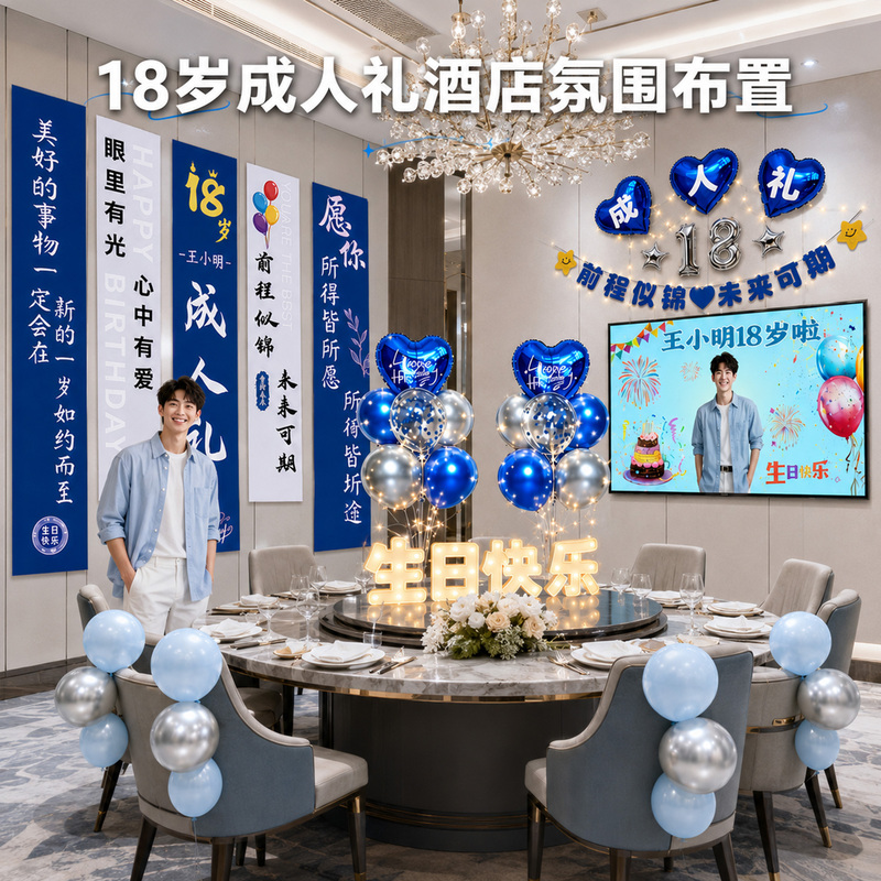 18Th Birthday Ceremony Decoration Package for Boys and Girls, Including Banners and Balloons for a Ceremonial Atmosphere