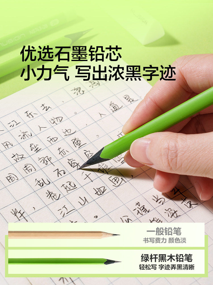 Deli New Sai Black Wood Pencil with Triangular Green Barrel, Upgraded Thick Lead That Is Not Easy to Break, 2B/Hb/2H Student Pencil with Name Engraving