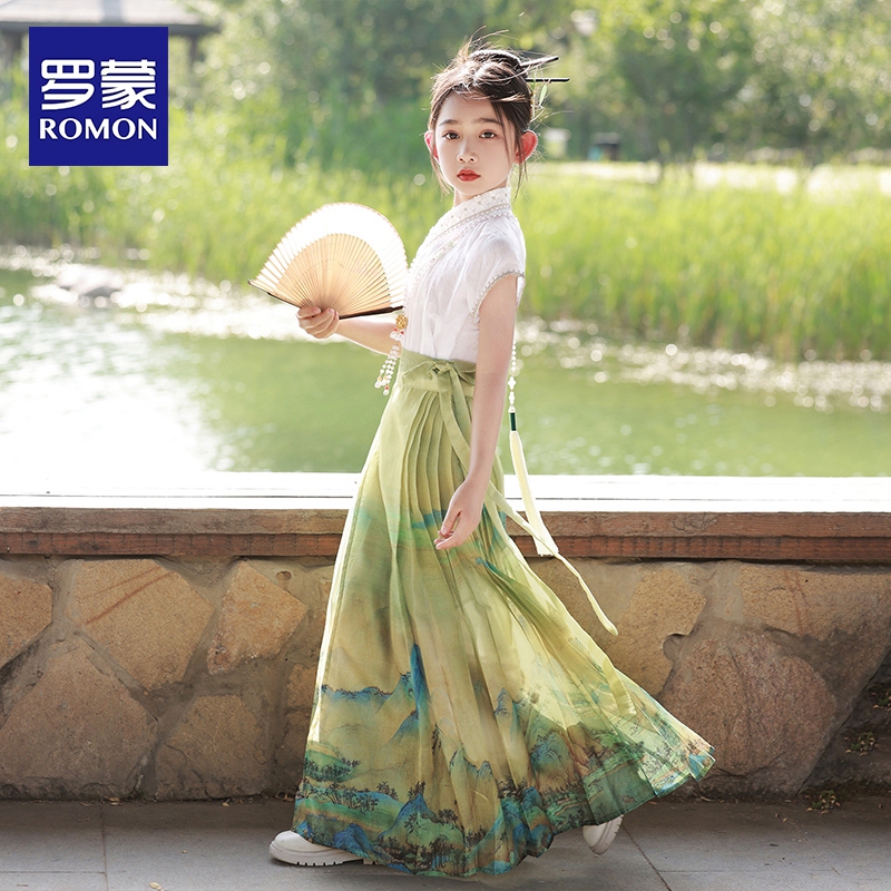 Romon Ma Mian Skirt for Girls, Hanfu Summer Style Children's Ancient Style Outfit, New Chinese Style Half Skirt Performance Costume