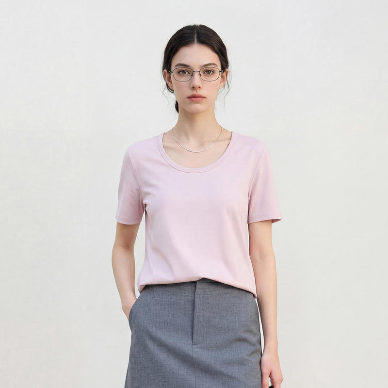 [Airy Feel] Xinjiang Cotton U-Neck Pink Short-Sleeve T-Shirt for Women, Pure Cotton, Slimming, Regular Shoulder Top, Loose and Lazy Style for Summer
