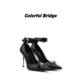 Colorful Bridge【月铎】金属扣绑带高跟鞋 尖头细跟黑色女士单鞋