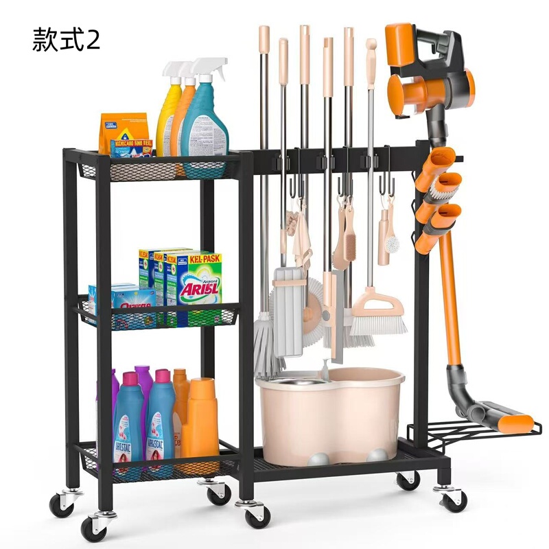 Movable Household Storage Rack, Metal Floor-Standing Tool Rack, Mop and Broom Cleaning Tool Storage Rack