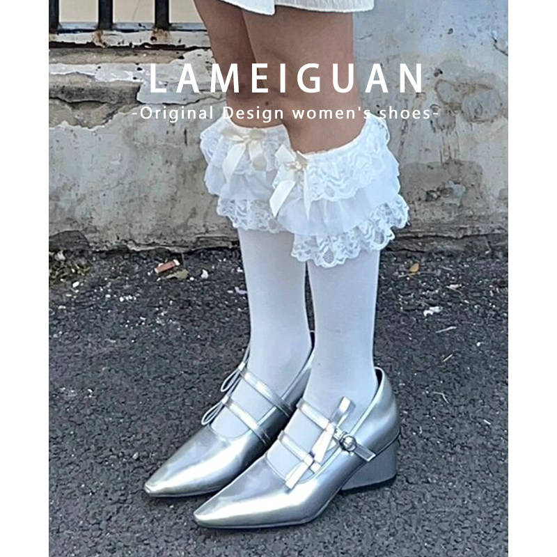 Silver bow Mary Jane high heels with thick heels 2026 Spring new style French fairy jk uniform pointed-toe single shoes