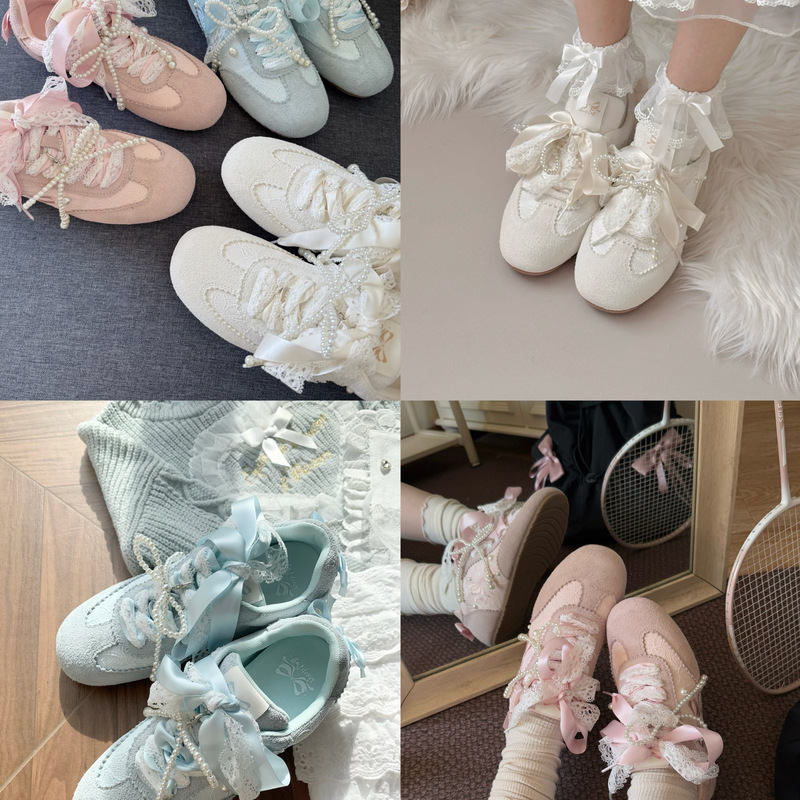 [in Stock] Dreamland Lace Height-Increasing Lo Running Sheepskin Original German Training Shoes Genuine Leather Ballet Style Sneakers