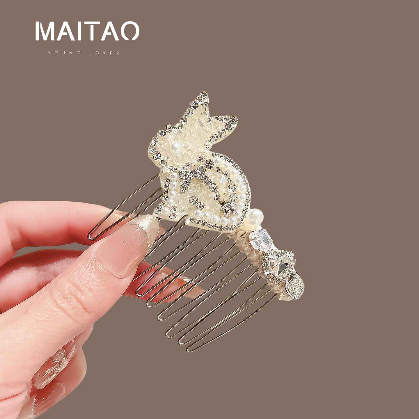Crystal Rabbit Rhinestone Hair Comb for Women, Korean Style, Gentle and Elegant, Hair Styling Tool, Anti-Slip, Back-insertion Comb, Hair Accessory