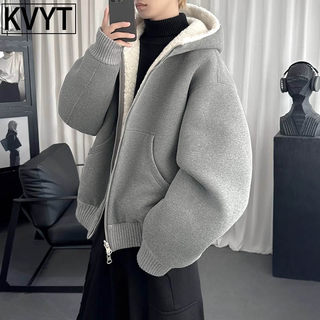 潮牌双面穿羊羔绒棉服男款冬季加绒加厚灰色连帽卫衣男士外套棉衣