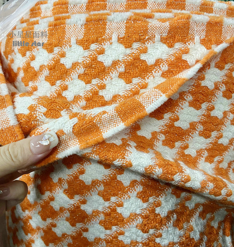 Imported 50% Wool Orange Tweed Fabric DIY Handmade Coarse Woven Coat Fabric Houndstooth Pattern