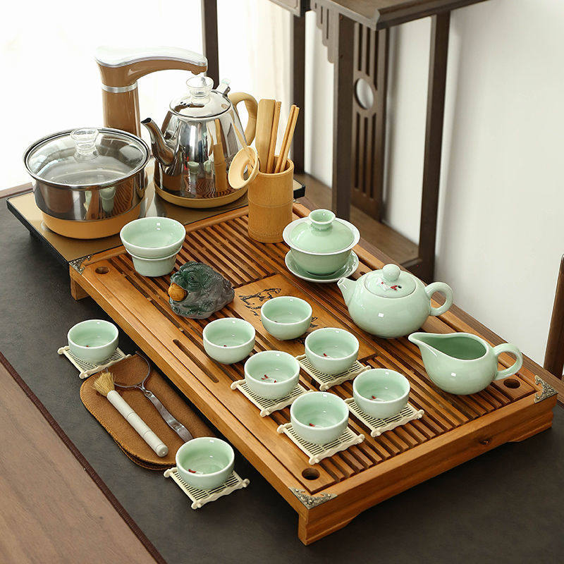 Tea Set Suit Home Whole Set Brief Purple Sand Kung Fu Fully Automatic Anti-Burn Integrated Upper Water Bubble Tea Cup Solid Wood Tea Tray-Taobao