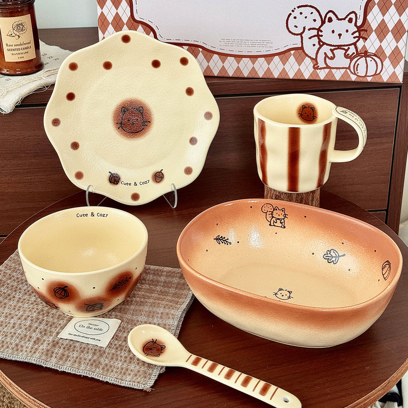 Original Ceramic Underglaze Color Bowl and Plate Set, Cute and Delicate Kitten Design, One-Person Breakfast Ritual Dining Set Gift Box Original Ceramic Underglaze Color Bowl and Plate Set, Cute and Delicate Kitten Design, One-Person Breakfast Ritual Dining Set Gift Box