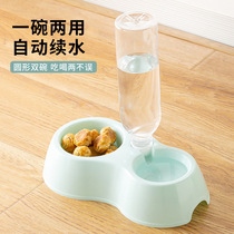 Factory spot foreign trade popular pet double bowl with water bottle round plastic cat feeding water feeding bowl cat bowl