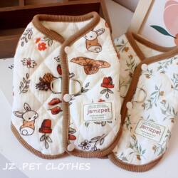 Autumn and Winter Pet Clothes for Small Dogs, Floral Cartoon Two-Legged Clothing, Retro Cat and Dog Snap-Button Leashable Top