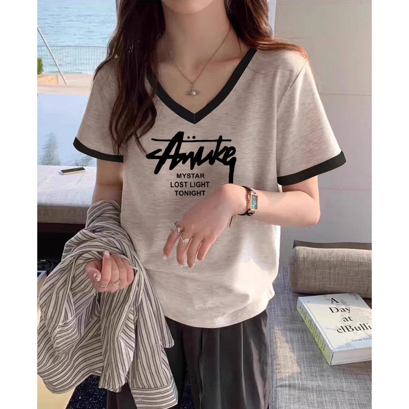 V-Neck Pure Cotton T-Shirt for Women, Short-Sleeved, Stylish Design, Regular Shoulder, Color-Blocking, Base Shirt, Summer, Plus Size, Slimming, Loose, Trendy Top