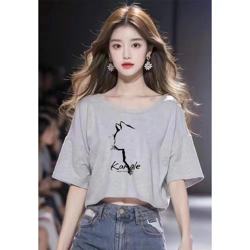 Short Gray Pure Cotton Short-Sleeved T-Shirt for Women 2025 Summer New Style Loose Design Sexy Crop Top