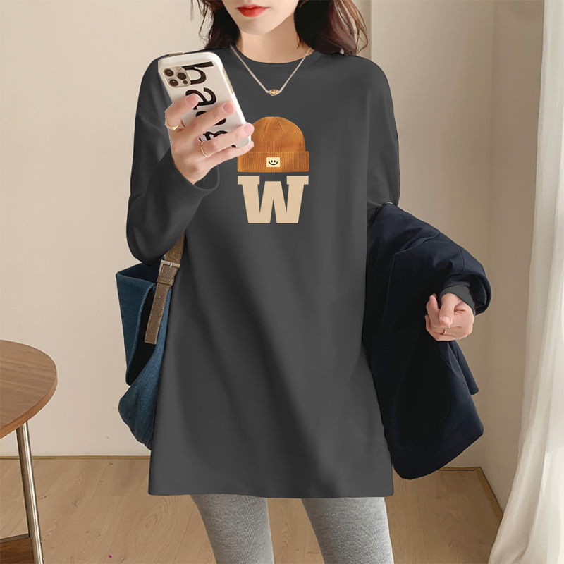 European-Style American Print Long-Sleeve Pure Cotton T-Shirt for Women, 2024 Spring Mid-Length Top to Pair with Shark Pants