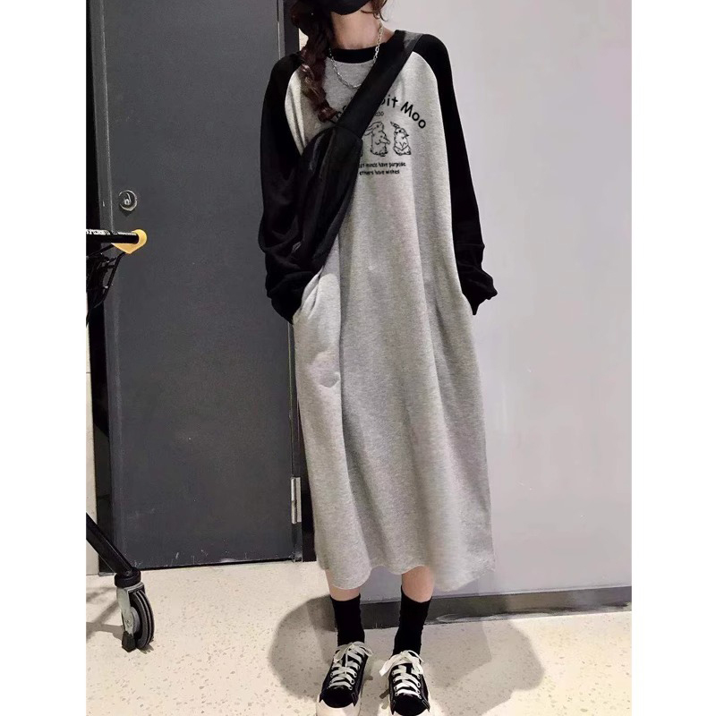 Long-Sleeved T-Shirt Dress for Women, Spring, Autumn and Winter 2023 New Style, Loose and Slimming, Long Style, Contrasting Color, Over-The-Knee Long Skirt