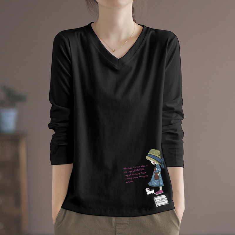 Pure Cotton Long-Sleeved T-Shirt for Women Spring & Fall 2025 New Korean Style Loose-Fitting V Neck Bottoming Shirt Fashionable Versatile Top