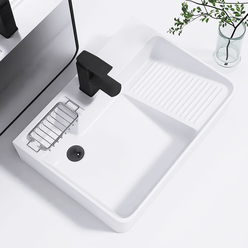 With Washboard Terrace Basin Side Sewer Ceramic Wash Basin Balcony Washing Machine Right Side Drain Laundry Basin-Taobao