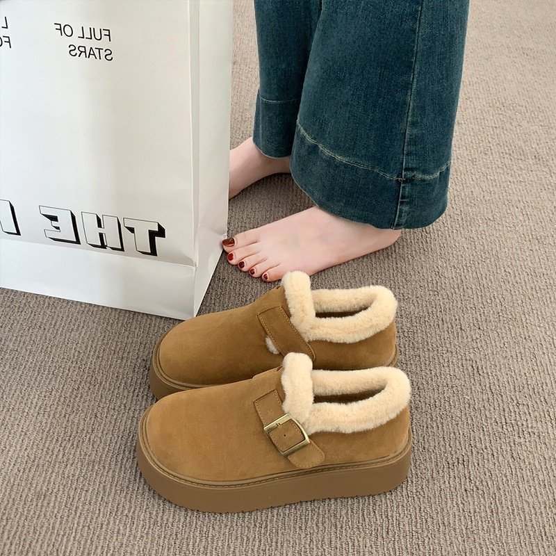 Thick-Soled Fleece-Lined Birkenstock-Style Snow Boots for Women, 2025 New Autumn and Winter Outdoor Furry Shoes, Warm Loafers, Cotton Shoes