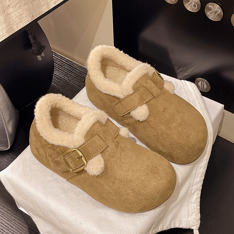 Retro Thick-Soled Velvet Birkenstock Shoes for Women, Winter 2025 New Style Warm Snow Boots, Slip-On Woolen Cotton Shoes, Size 34