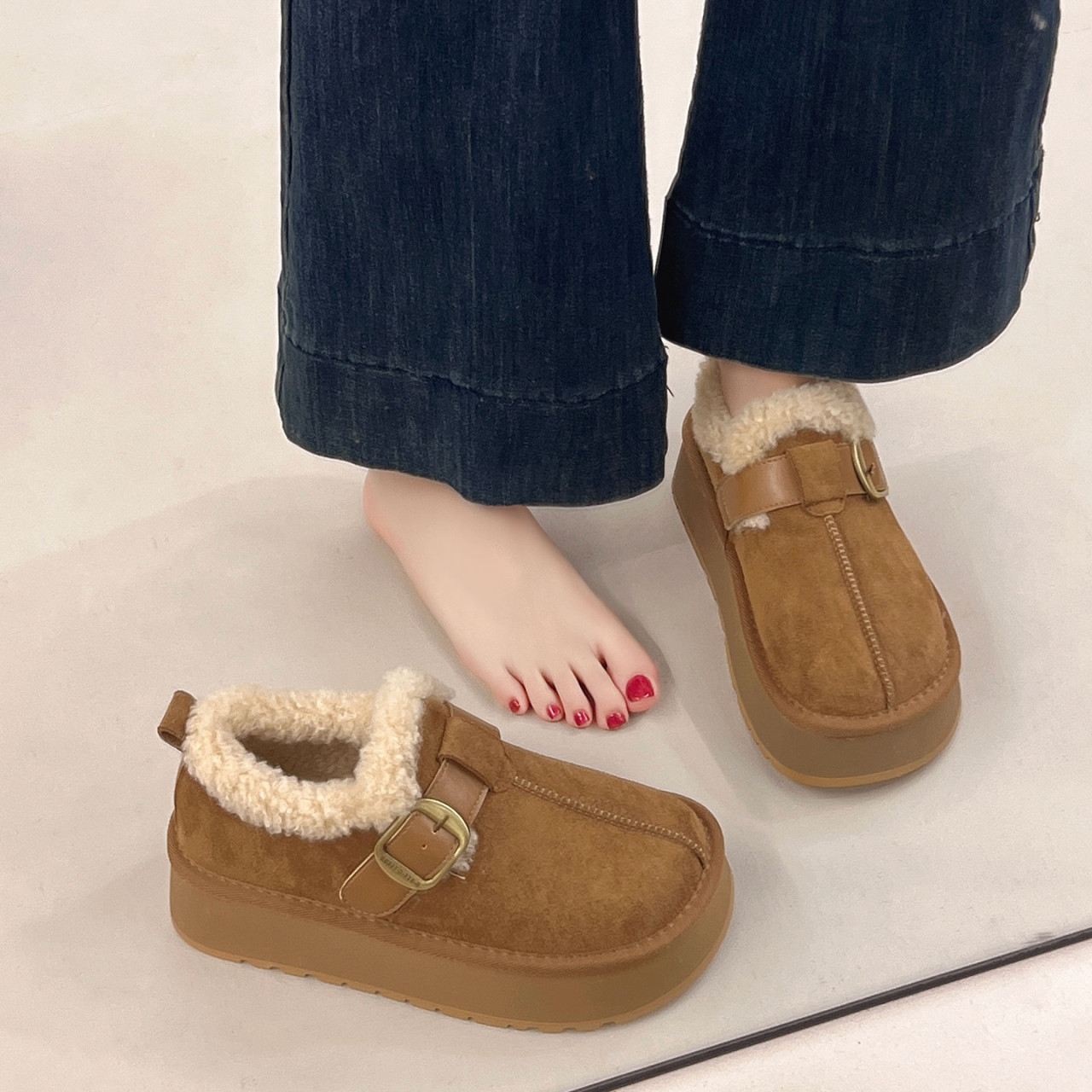 Thick-Soled Height-Increasing Plush Birkenstock-Style Women's Shoes 2025 New Winter Slip-On Warm Furry Snow Boots Cotton Shoes Size 34
