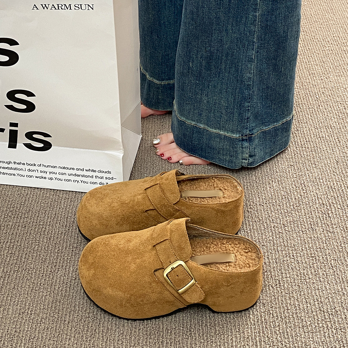 Thick-Soled, Height-Increasing, Fleece-Lined Birkenstock-Style Clogs, Closed-Toe Slip-On Slippers for Women, 2025 New Model, Slip-On Birkenstock-Style Cotton Slippers