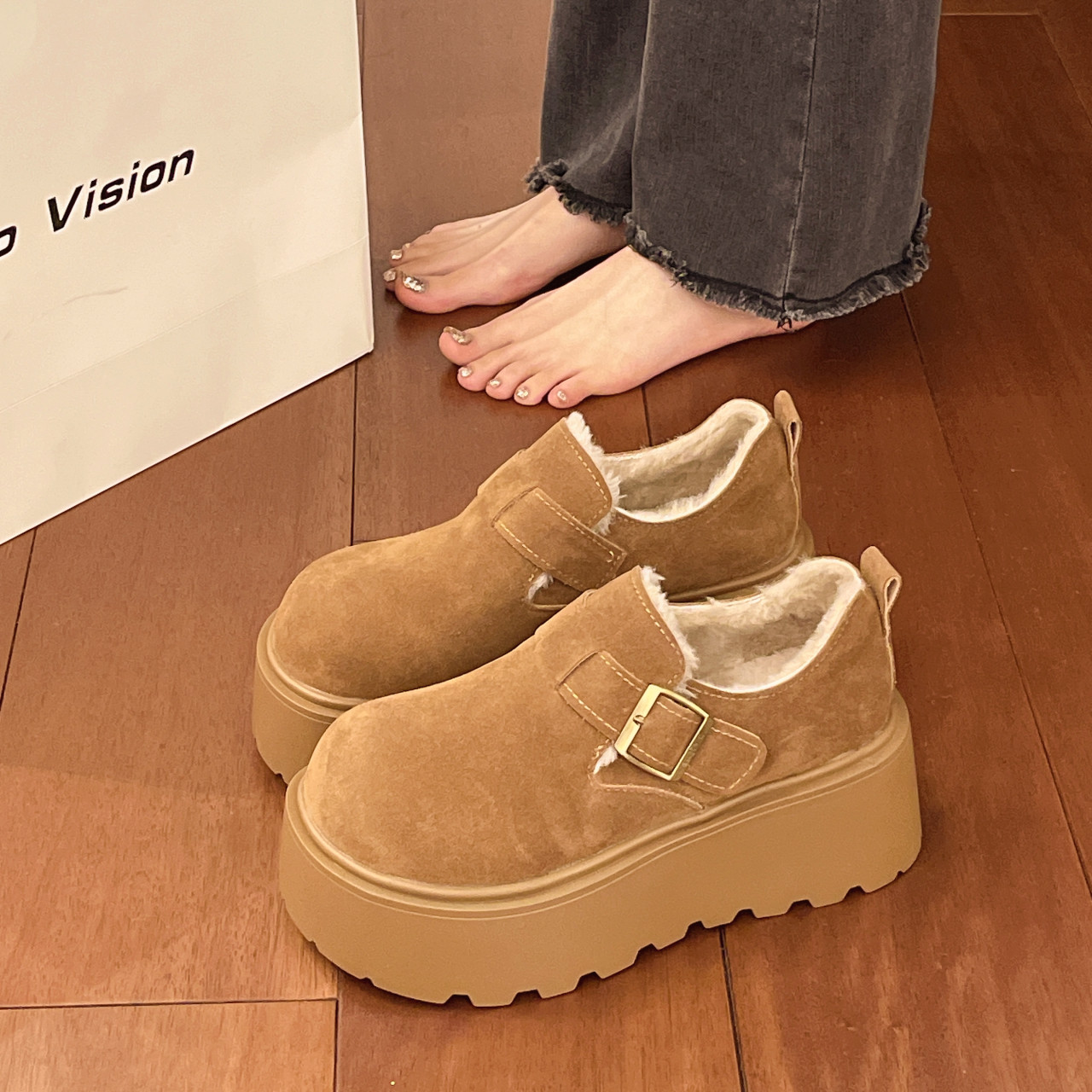 Platform Thick-Soled Height-Increasing Plush Birkenstock Shoes for Women, 2025 Winter New Snow Boots, Loafers, Cotton Shoes, Size 34