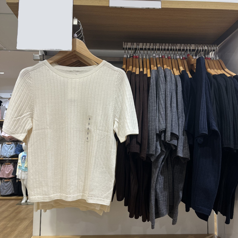 Japanese-Style Women's 3D Fine-Spun Merino Wool Ribbed Crew Neck Knit Sweater/5/4 Sleeve Sweater New Model 480188