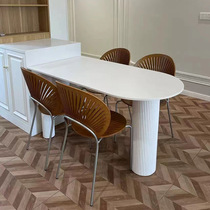 Pure white slate dining table simple small apartment oval table Nordic cream style rectangular arc dining table and chair combination