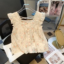 Girls summer suspender shirts sweet doll shirts womens floral tops 2024 new style small fresh and stylish small flying sleeves