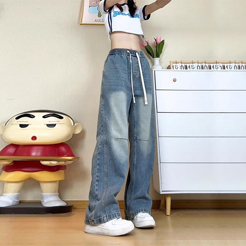 Drawstring Elastic Waist Straight-Leg Jeans for Men and Women, Autumn Washed Patchwork Wide-Leg Pants, Slimming American High Street Long Pants