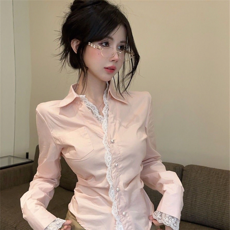 French-Style Hollow Lace Polo Collar Shirt, Spring and Autumn Elegant Waist-Cinching Slimming Shirt, High-End Long-Sleeve Top