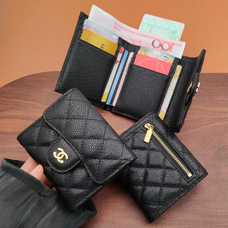 Caviar Wallet for Women 2026 New Genuine Leather Short Style Cf Folding High-End Wallet Card Holder Lightweight Compact Fragrant Milk