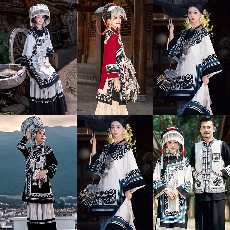 イ族の民族衣装刺繍入り厚手綿麻スーツ新型少数民族苗江省の少女の旅行写真衣装