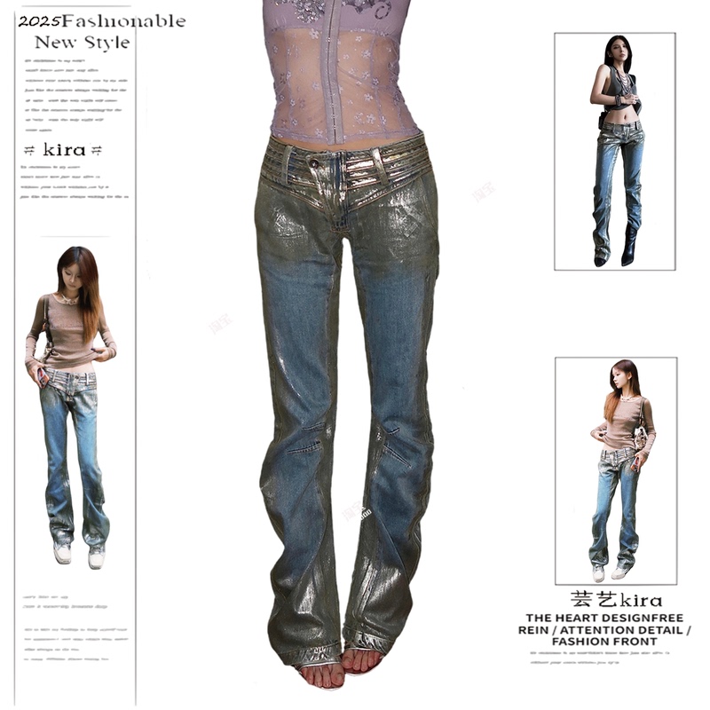American Retro Heavy-Duty Deconstructed Gold-Stamped Jeans for Women, Millennial Hot Girl Low-Waist Slim-Fit Floor-Length Pants with a Draping Effect