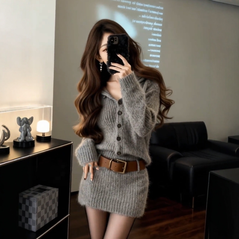 Korean Style Gray Knitted Bodycon Dress for Women, Autumn and Winter, High-End Feel, Waist-Cinching, Slimming, Hooded Sweater Short Skirt Korean Style Gray Knitted Bodycon Dress for Women, Autumn and Winter, High-End Feel, Waist-Cinching, Slimming, Hooded Sweater Short Skirt
