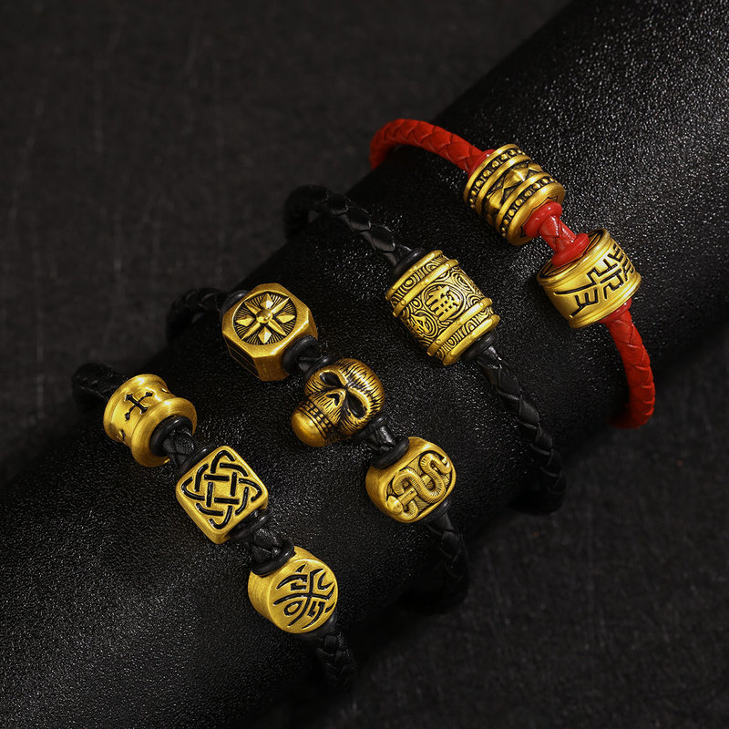 Gold Tattooed 999 Pure Gold Fortune Bead Men's Power Protection Black Gold Couple Bracelet Gift for Boyfriend's Birthday