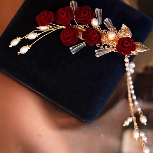 Вечернее платье, красный аксессуар для волос с кисточками, классическое ципао, ханьфу, заколка для волос