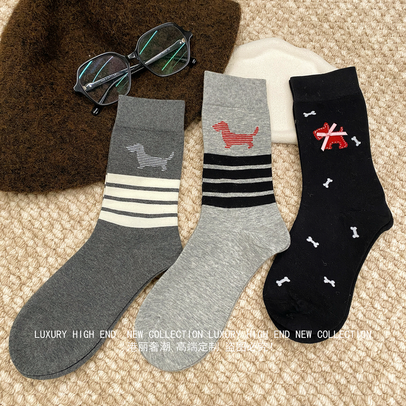 European Style Tb Puppy Mid-Calf Socks for Women, Fashionable Pure Cotton Socks ins Internet Celebrity British College Style Gray Slouch Socks