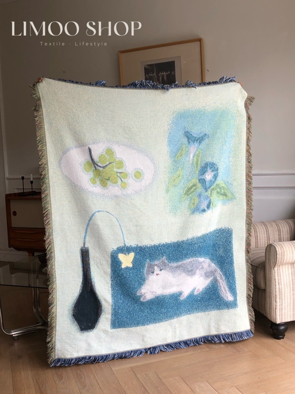 Limoo Shop/Original Cute Cat Illustration Tapestry Decorative Sofa Blanket Knitted Blanket Birthday Gift for Girls