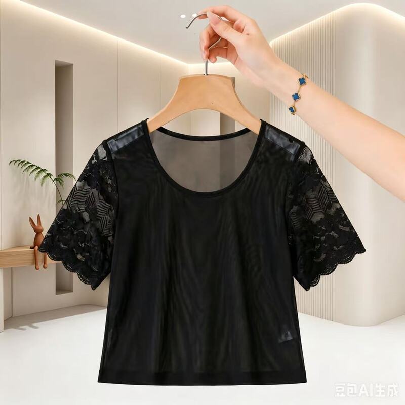 Summer Short Ice Silk Base Shirt with Mesh, Black Sexy Lace Versatile Top, T-Shirt, Short-Sleeved Thin Style for Women