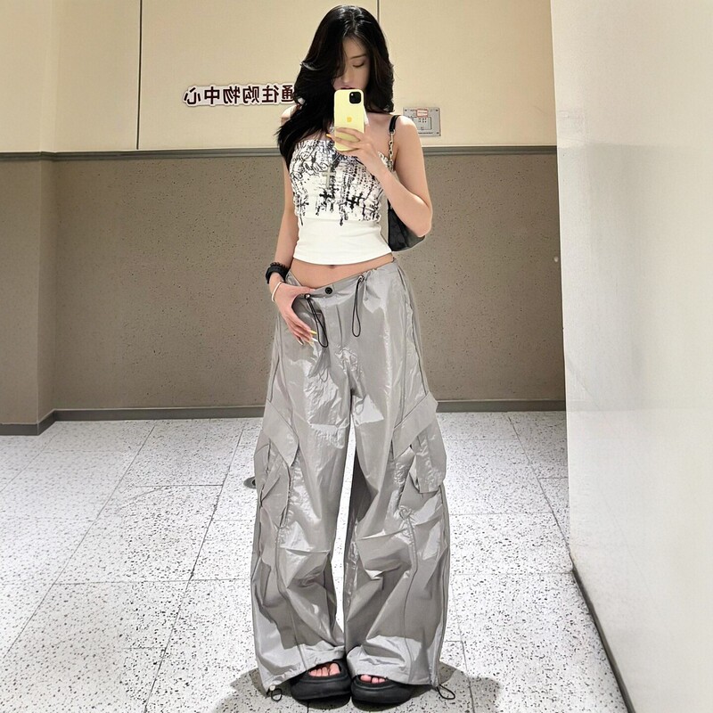American Street Style Casual Fashion Suit for Women, Summer Ink Print Tube Top Vest and Drawstring Cargo Pants Two-Piece Set
