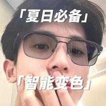 新款金属双梁防蓝光平光镜眼镜框男士复古眉毛变色防紫外线眼镜