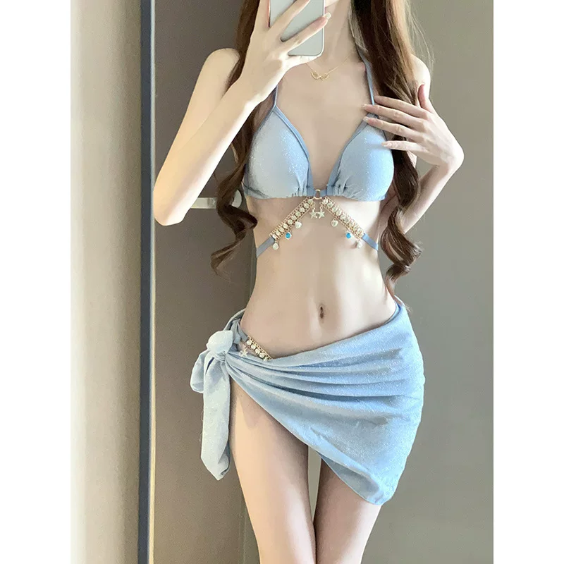 Женский купальник (Sexy Belt) европейский стиль, азурный, 2- или 3‑предметный с декоративным поясом