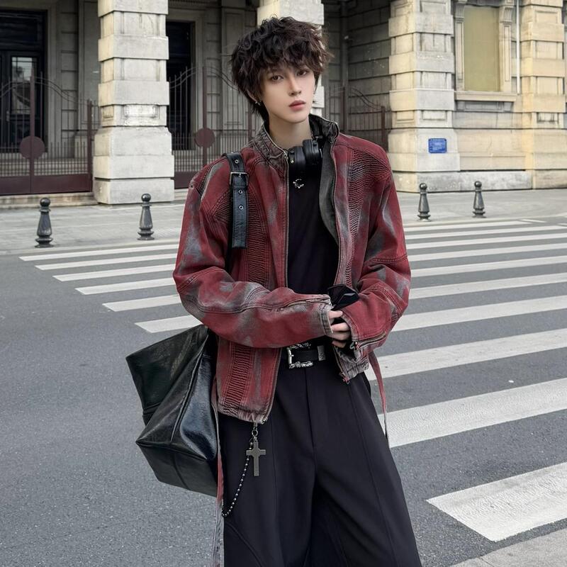 Another Day X Niche Retro Washed and Distressed Ribbon Denim Jacket with Spray-Dyed Rust Red Shoulder Pads