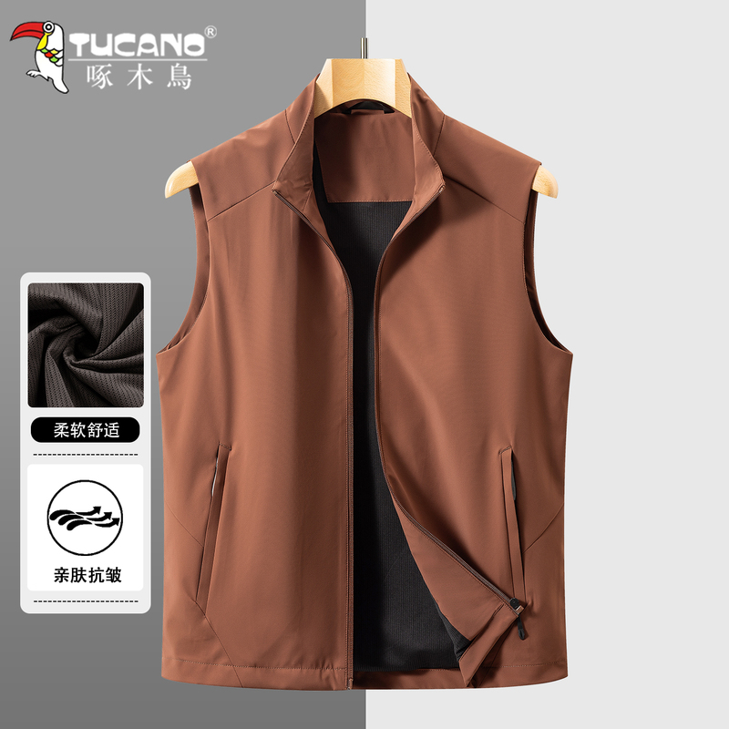 Woodpecker Ice Silk Texture Men's Stand Collar Vest 26 Autumn New Lightweight Breathable Sunscreen Vest Casual Sleeveless Jacket