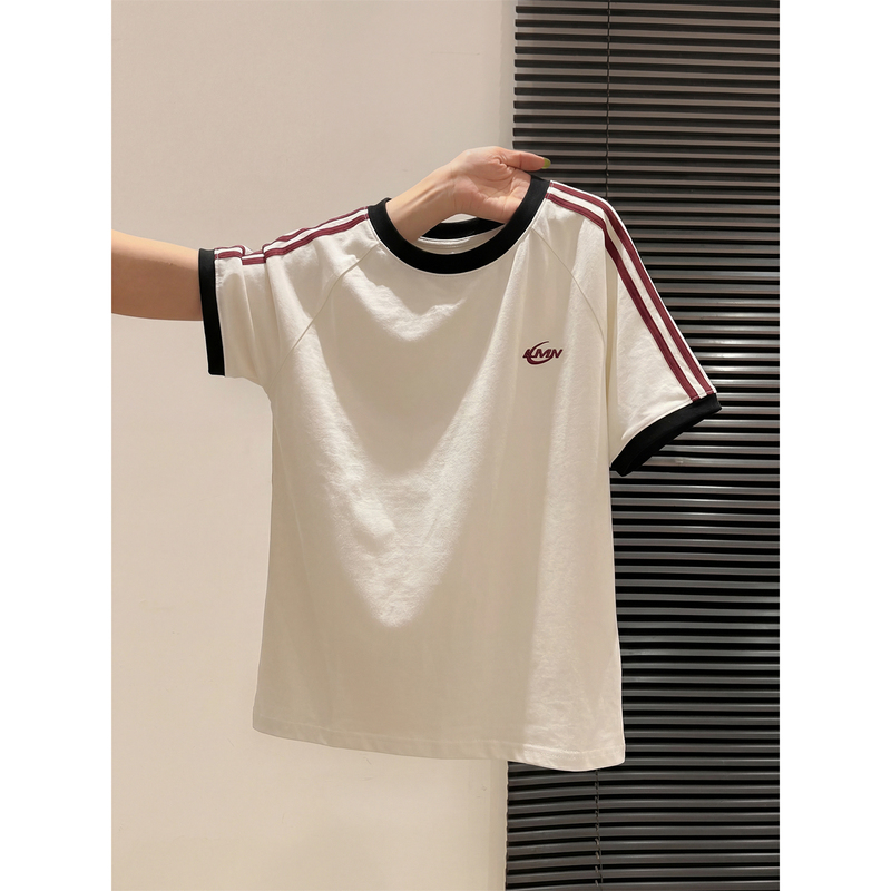 American Style ins Trendy Brand Sports Casual Striped Patchwork T-Shirt for Women, Loose Fit, Summer Lazy and Relaxed Short-Sleeved Top American Style ins Trendy Brand Sports Casual Striped Patchwork T-Shirt for Women, Loose Fit, Summer Lazy and Relaxed Short-Sleeved Top